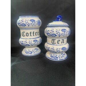 Vintage Blue Onion Style Tea &‎ Coffee Canisters Ceramic Jars Arnart Japan READ